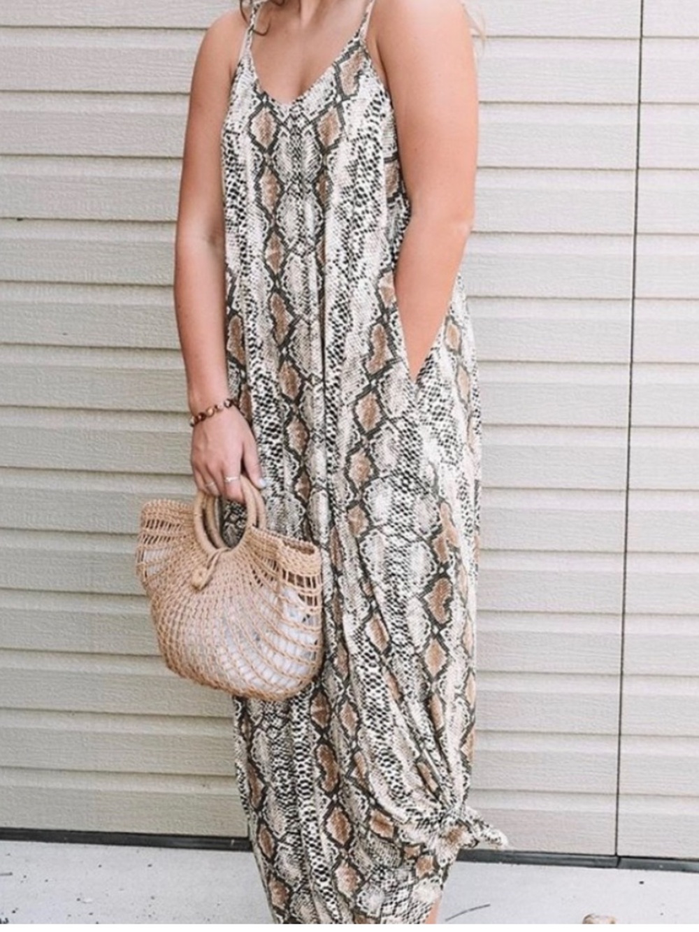 Jennaration Sleeveless Snake-Print Maxi Dress Soft Knit Cream Beige Black Medium